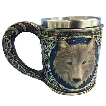 

Alpha Gray Wolf Magic Resin Mug with Stainless Steel Rim Figurine for Coffee Tea Drinks Halloween Party Father's Plot Gift