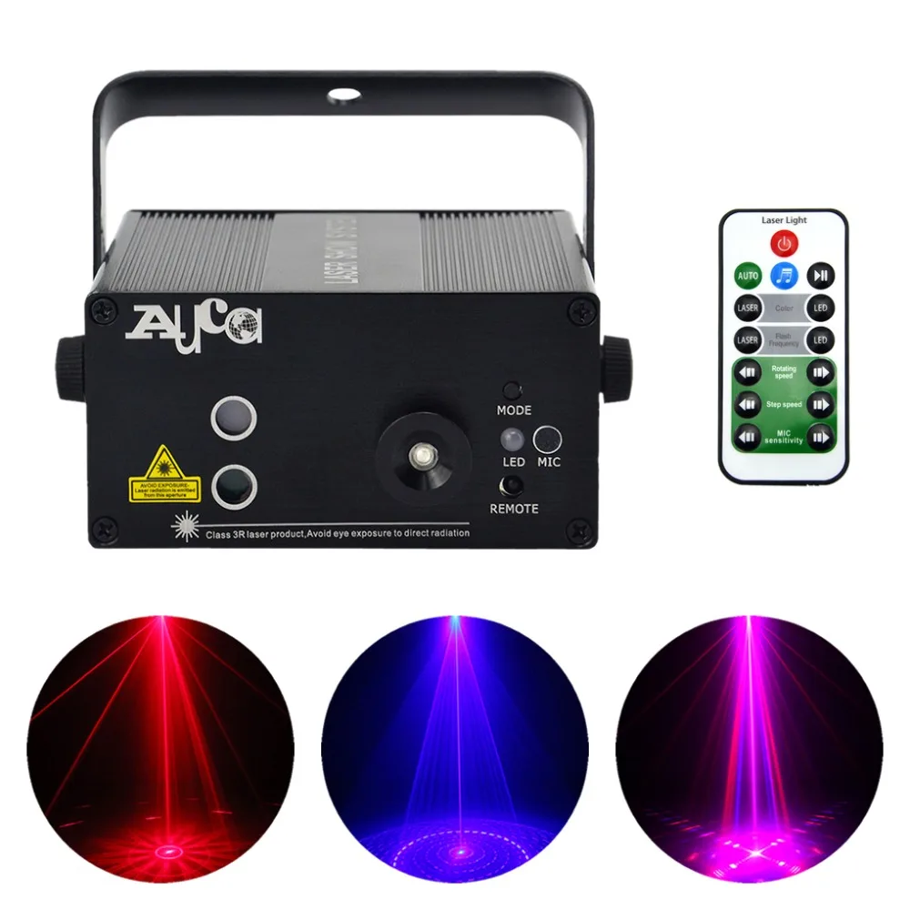 

AUCD Mini Remote 8 Patterns Red Blue Laser Projector Lights 3W Blue LED Mix Effect DJ Home Party Club Show Stage Lighting L08RB