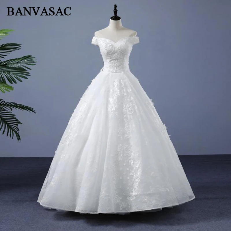 

BANVASAC Real Photos Lace V Neck Beadings Ball Gown Wedding Dresses 2018 Sequined Appliques Embroidery Bridal Dresses