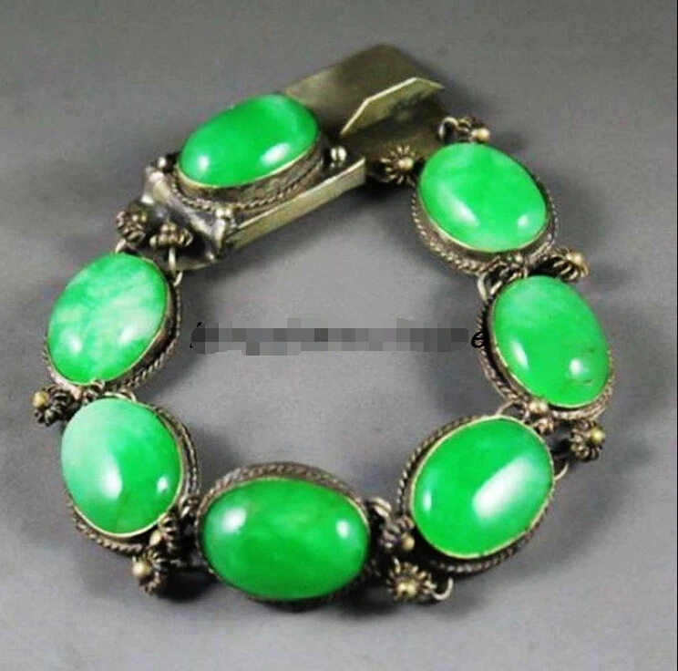 

fast shipping>TIBET SILVER BRACELET WITH BEAUTIFUL NATURAL GREEN JADE BEADS BRACELET