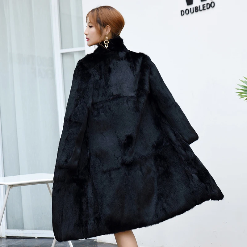 

Real genuine natural full pelt whole skin rabbit fur coat women fashion stand collar 100CM length jacket ladies overcoat outwear