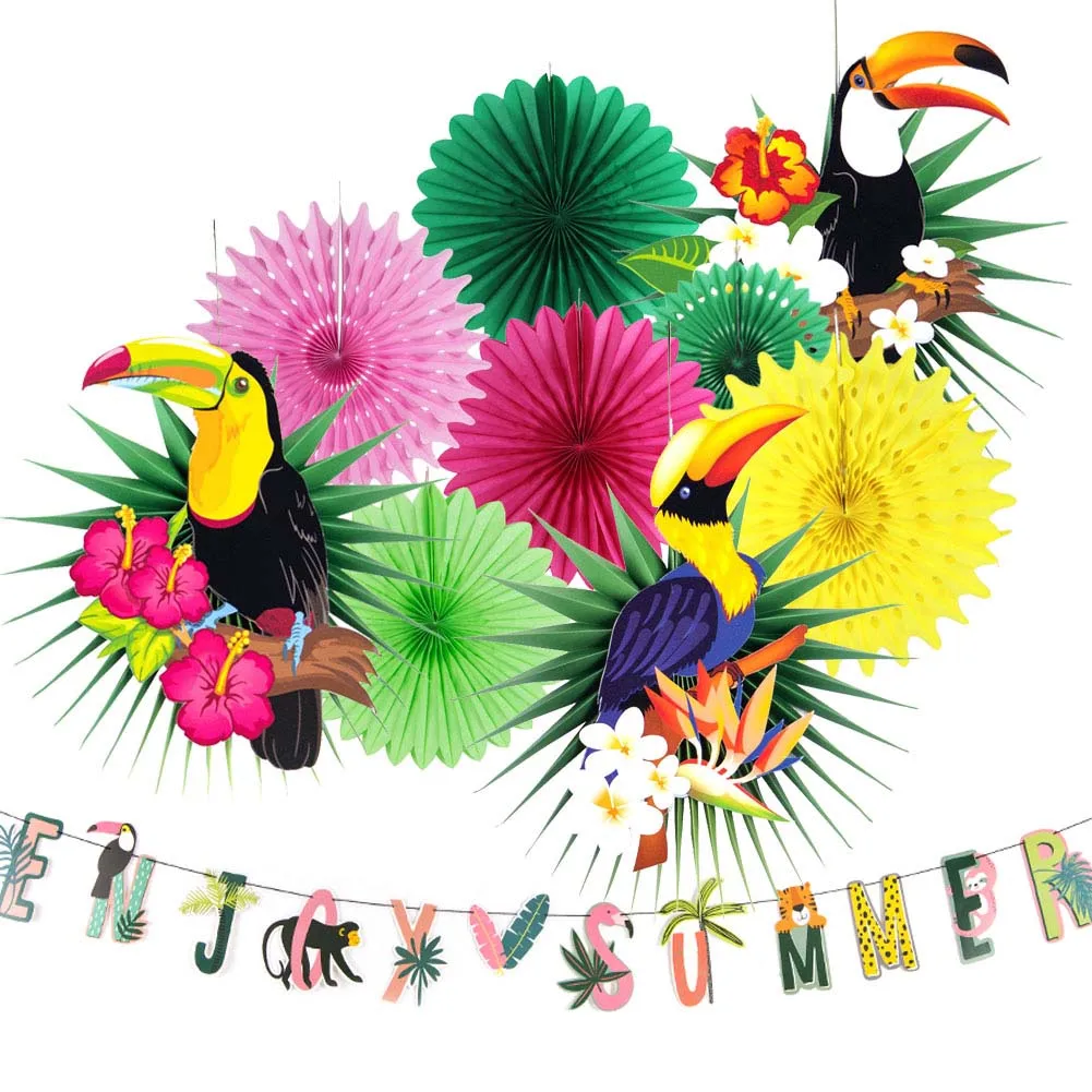 Tropical Birds Party Paper Cutouts for Summer Luau Tiki Hawaiian Beach Pool Wedding Birthday Party Ornament 3 Pcs Hanging Toucan Paper Fans with Lanterns Tropical Bird Toucan Paper Fans Decorations