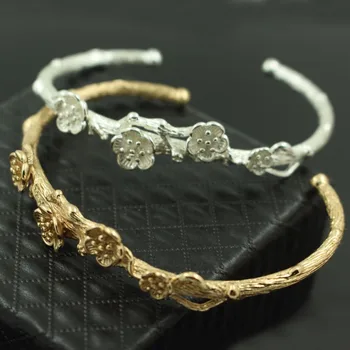 

Retro Open Cuff Bracelet Branch Plum Flower Focal Brass Metal Bangle Silver Gold tone Vintage Hair Ornaments Crown Cosplay