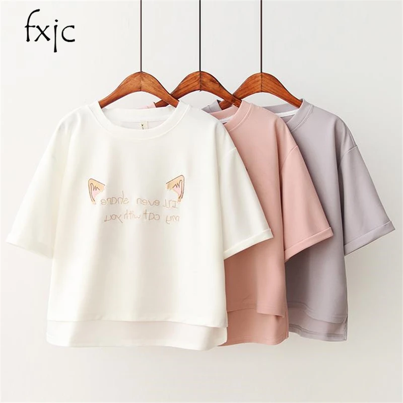 

2018 summer women's new cat ears letter embroidery loose round neck short new short short front long shirt women's T-shirt femal