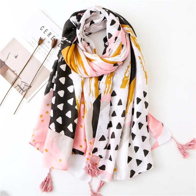 

KYQIAO women autumn spring Spain style long hippie ethnic pink geometric patchwork scarf muffler wraps shawl