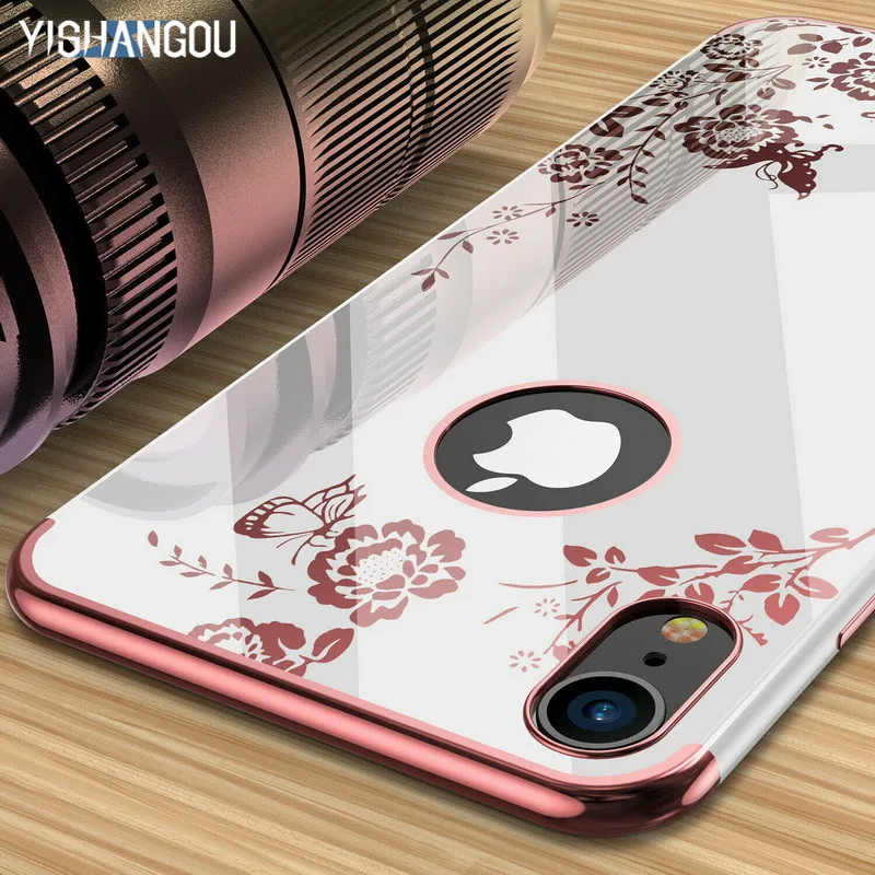 

YISHANGOU Flower Floral Clear Plating Phone Case For iPhone 11 XR XS Max Soft Silicone Back Cover For iPhone 6 6S 7 8 Plus Coque
