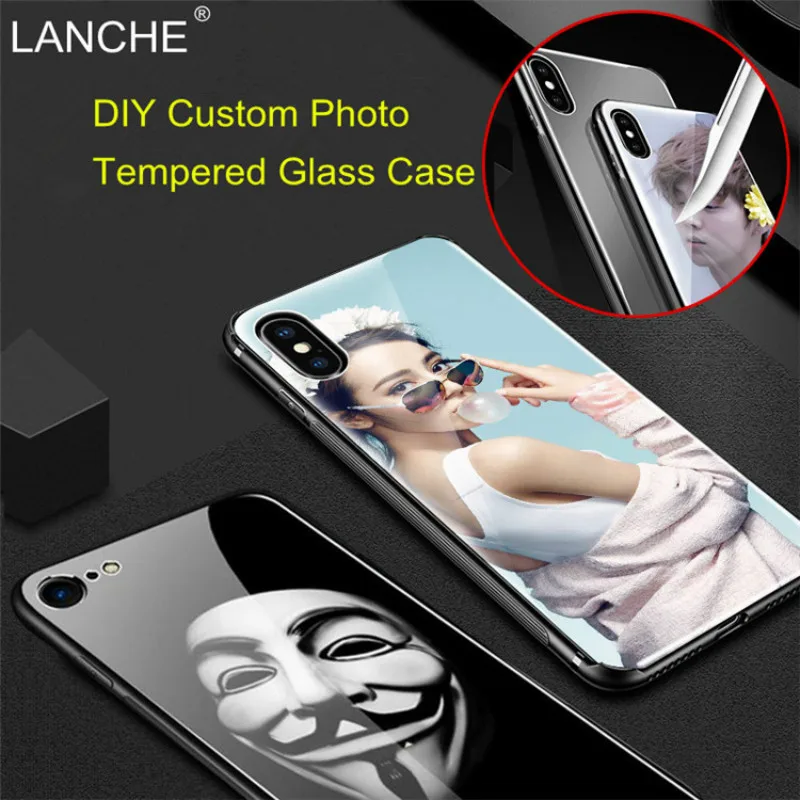 LANCHE Customized Tempered Glass Phone Cases For iPhone X 7 XR XS Max 8 6 6S Plus Case DIY Printed Photo Logo Unique Cover |