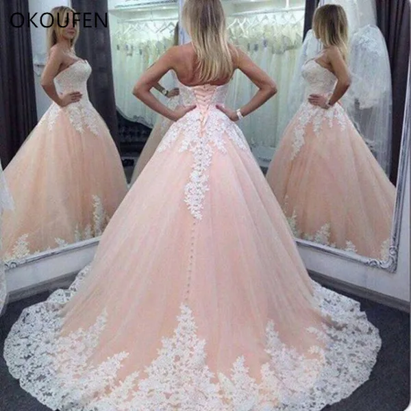 

OKOUFEN Quinceanera Dresses 2019 Light Pink Sweet 16 Ball Gowns Tulle Debutante vestidos de 15 anos Party White Appliques