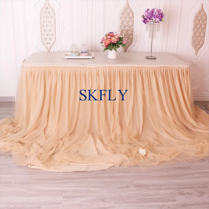 CL072E made long drape new wedding taffeta chiffon tulle ruffled champagne table skirt