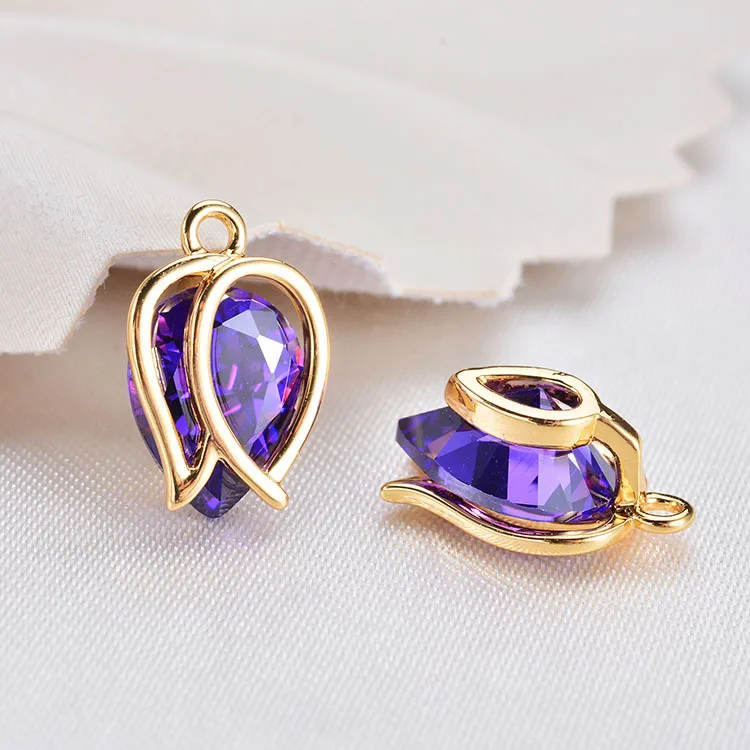 

4PCS 12x8MM 24K Gold Color Plated with Purple Zircon Hollow Flower Bud Charm Pendants for Jewelry Making Findings Accessories