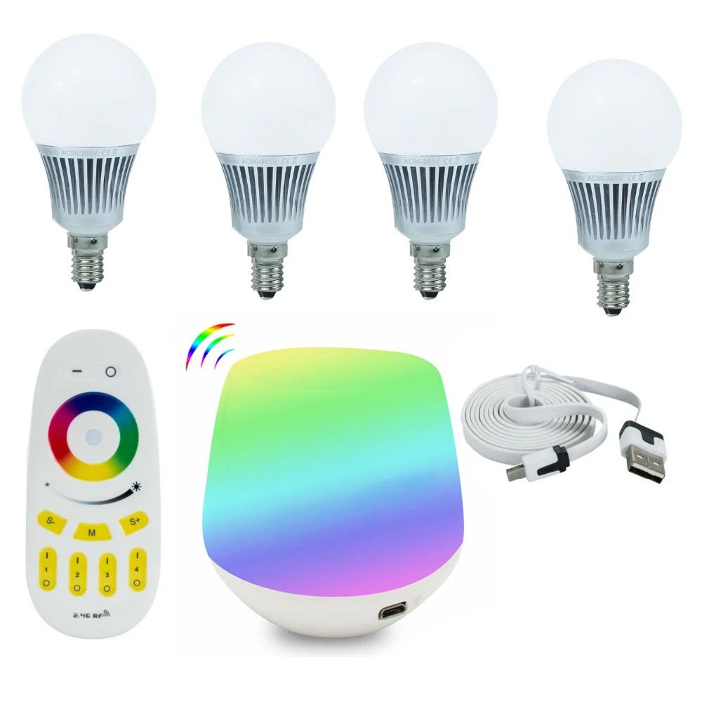

Tanbaby 4pcs * Mi.light 5W E14 RGBWW RGBW LED bulbs + 4 zone 2.4G RF remote controller + Wifi controller Magic Home Light