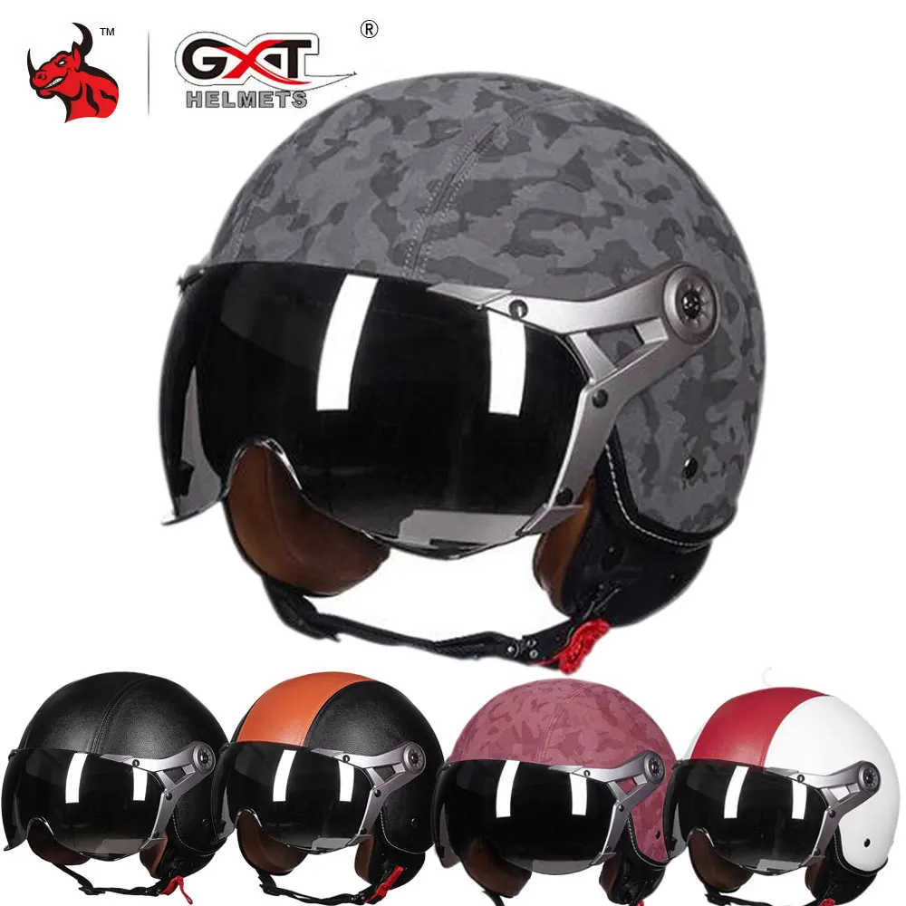 

GXT Retro PU Leather Motorcycle Helmet Men Open Face Moto Helmet Biker Motocicleta Capacete Casco Riding Racing Motorbike Helmet