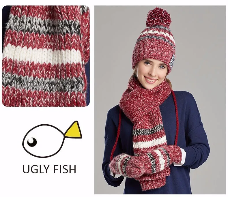 Женщина зимнюю шапку и перчатки устанавливает хлопок мода женщины шляпа шарф перчатки установить прочную шляпу и шарф комплект для женщин