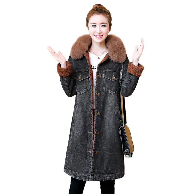 Long 2018 Automne Occasionnel Fourrure N1006 Jean bleu Jeans Survêtement Coton En Nouvelle Parka Femmes Poches Femelle Col Hiver Chaud D'agneau De Veste Laine Noir vxrvpAq