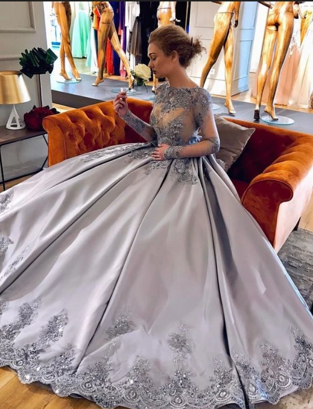 Серебряные Бальные платья с длинным рукавом, бальное платье, атласная Кружевная аппликация, Vestidos De 15 Anos, длина до пола, элегантное платье