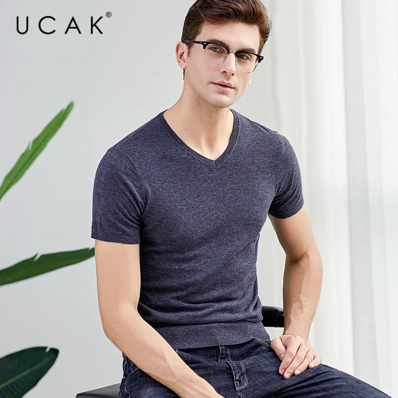 UCAK Brand Sweater Men Casual Short Sleeve V-Neck Pull Homme Pure Merino Wool Pullover Men Autumn Winter Cashmere Sweaters U3001