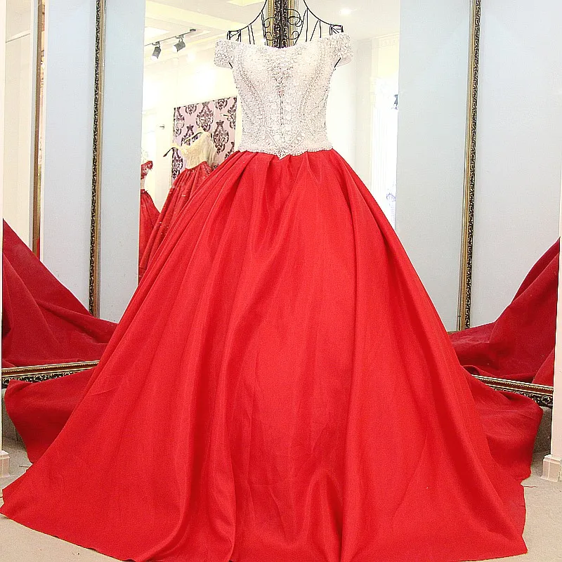 Красное свадебное вечернее платье с плечевой корсет сзади Королевский поезд Атласное Бальное платье Abendkleider Свадебные платья со стразами