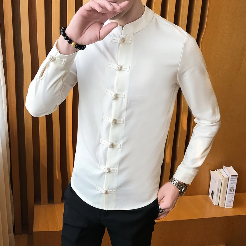 Spring Men Shirt Chinese Style Clothing Slim Fit Long Sleeves Shirt Camisa Social Office Wear Mandarin Collar chinese dress lapel shirt chinese men shirt