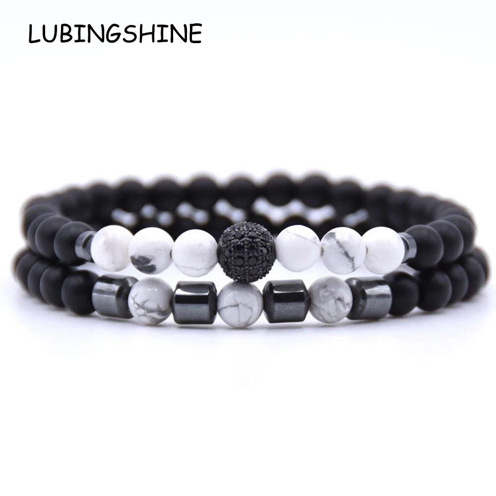 

2pc/sets Natural Stone Distance Bracelet Micro Pave Disco Ball Matte Charms 6mm Beads Bracelets for Women Men Yoga Jewelry