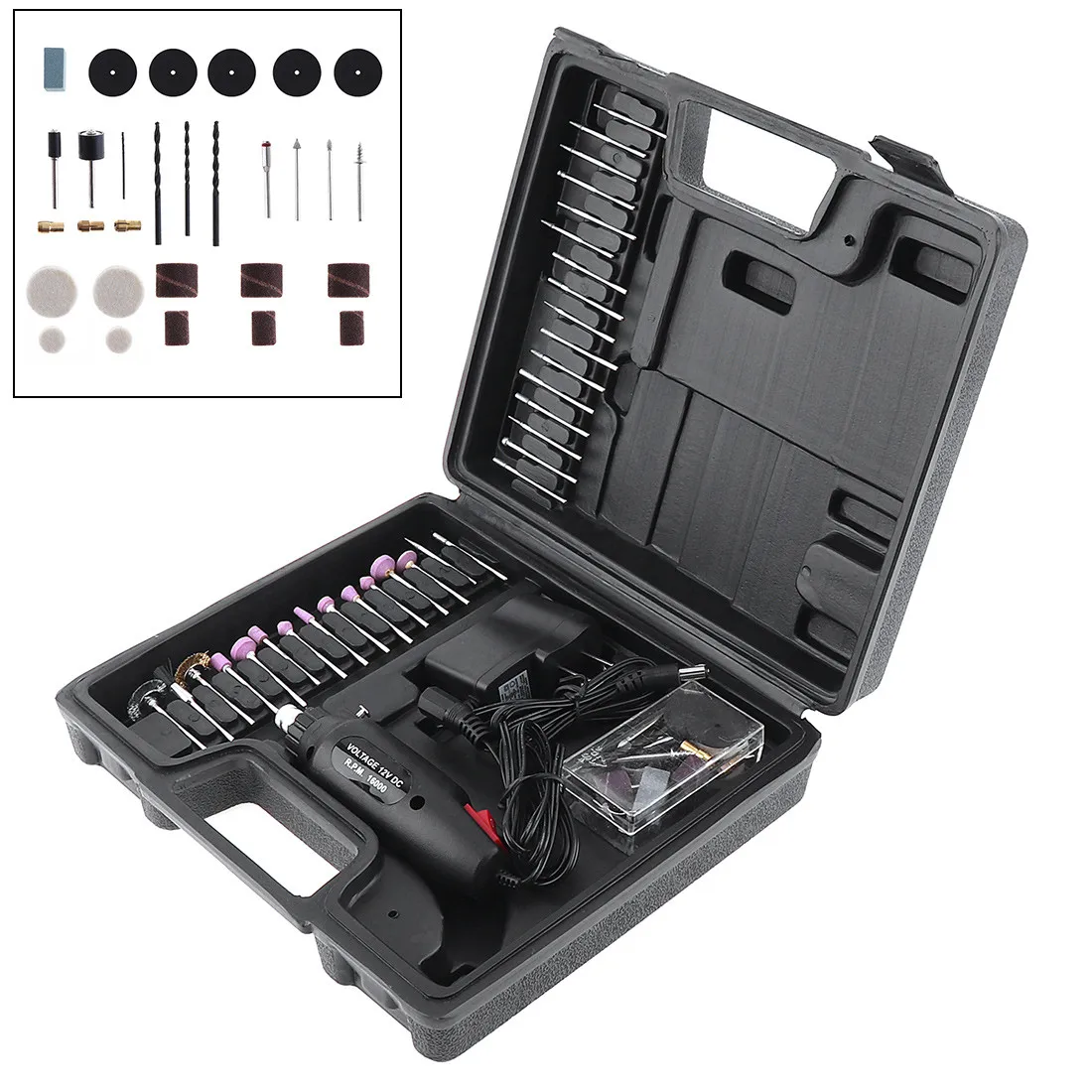 

60pcs/set 110V / 220V DC 12V Mini Rechargeable Electric Grinder Set with Various Wheelhead and Steel Wire Brush for Polishing