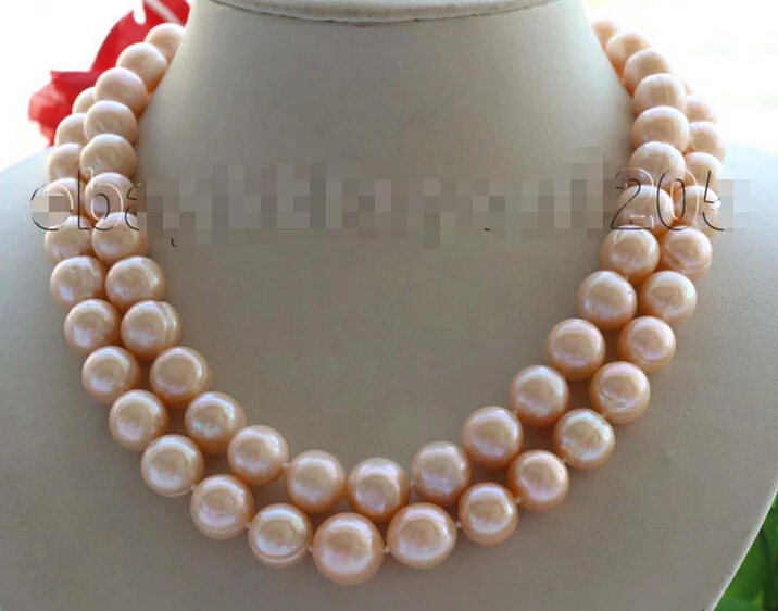 

17.5-19" Double Genuine Natural 12-14mm Pink Round Pearl necklace #f1666!