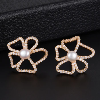 

GODK 18mm Exclusive Leaf Leaves Flower Simulated Pearl Cubic Zirconia Bridal Wedding Women Tassel Earring Fashion High Jewelry