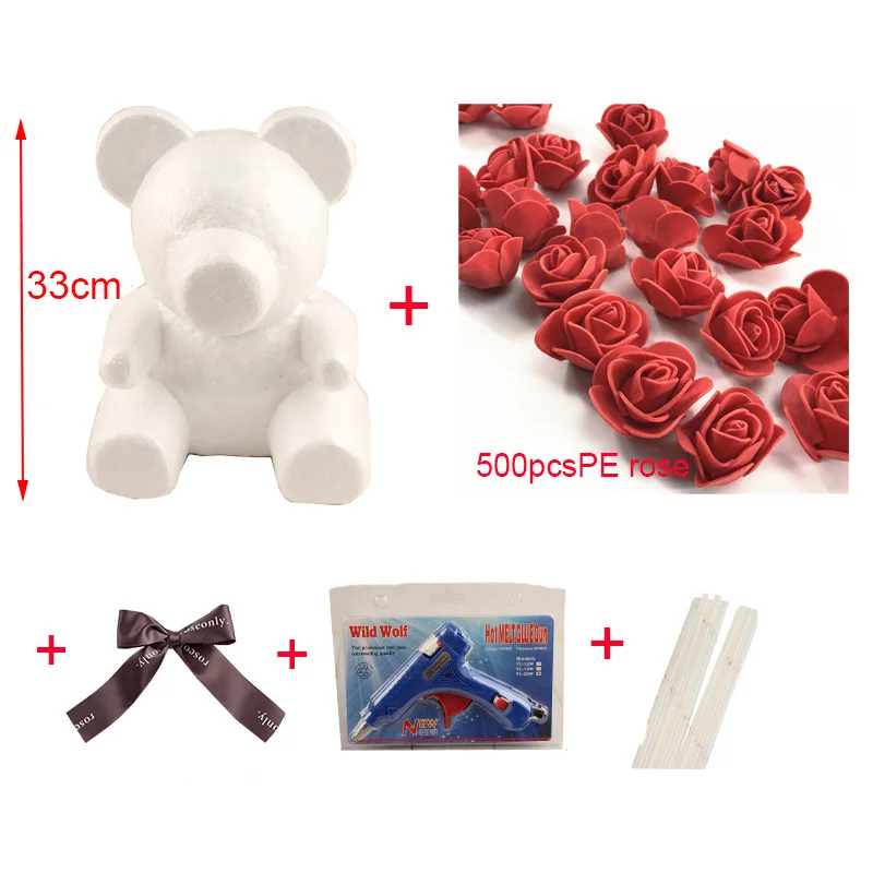 Foam Bear Mold PE Rose Artificial Flower Heads Rose Bear White Mold and Gift Box DIY Rose Bear Accessories Bag - Цвет: red package bag