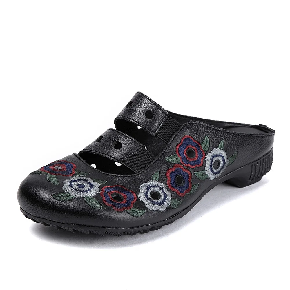 En Marque Broderie Zxryxgs 2018 Creux Pantoufles Nouvelle D'été Véritable Sandales Cuir Noir Femmes Pantoufle Mode jaune De Chaussures P4nEWrq8E