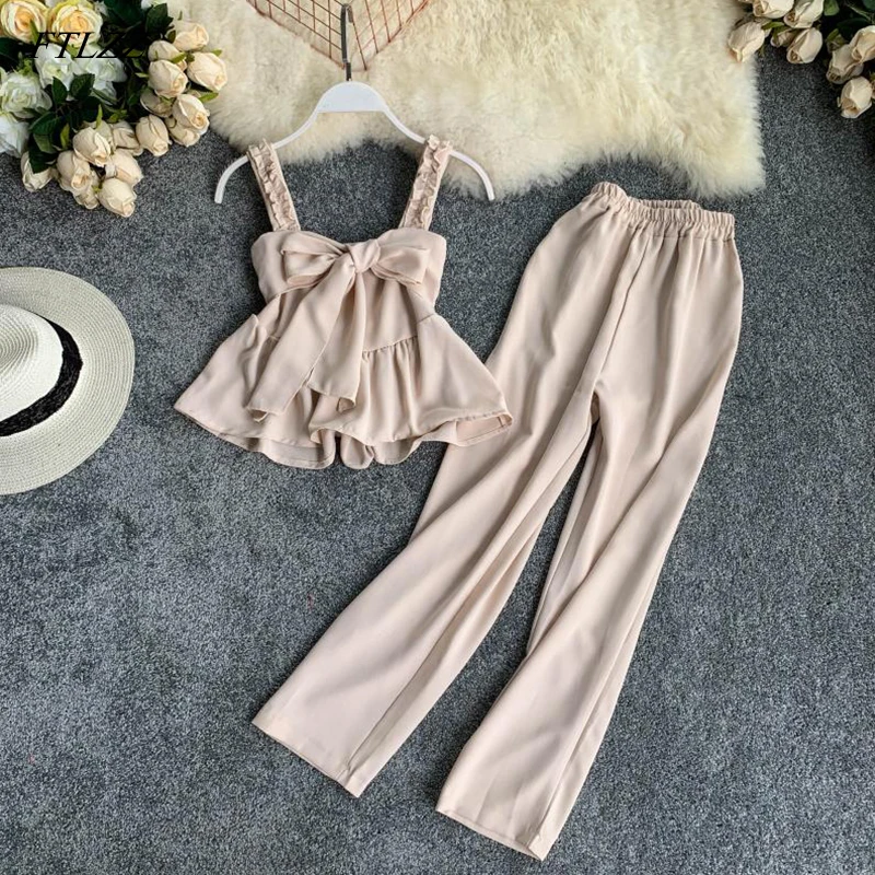 

FTLZZ New Women's Two Piece Set Solid College Style V-neck Open Back Strap Ruffled Vest Tops + Elastic Waist Pants Summer
