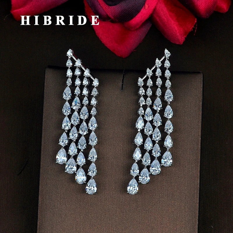 

HIBRIDE Sparkling Water Drop Cubic Zirconia Tassel Earring Brincos Jewelry Green And White CZ Earrings Wholesale Price E-813