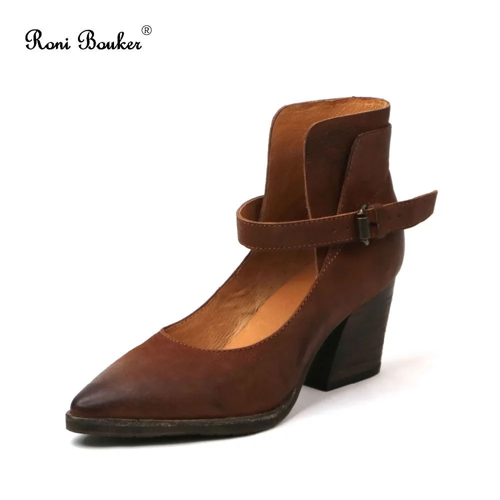 

Roni Bouker Genuine Leather Strap Booties Brand Shoes Women Black Chunky Heel Ankle Boots Pointed Toe Square Heels OEM Wholesale
