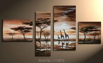 

Hot Modern Africa Giraffe Sunrise Tree Oil Painting On Canvas Abstract 4 Panel Art Sets Home Decor Wall Picture For Living Room