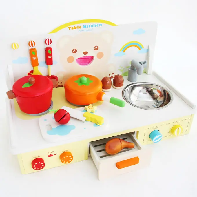 

Free Shipping!Wooden Toys New Mother Garden Cute Bear Folded Kitchen Toys Set Kids Pretend Play Toys gift
