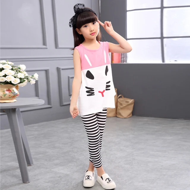 Baby Girl Summer Clothes Cartoon Tops Shirt + Zebra stripes Pants Fashion Girls Clothes Suit Kids Clothing For 4 6 8 10 12 Year 2