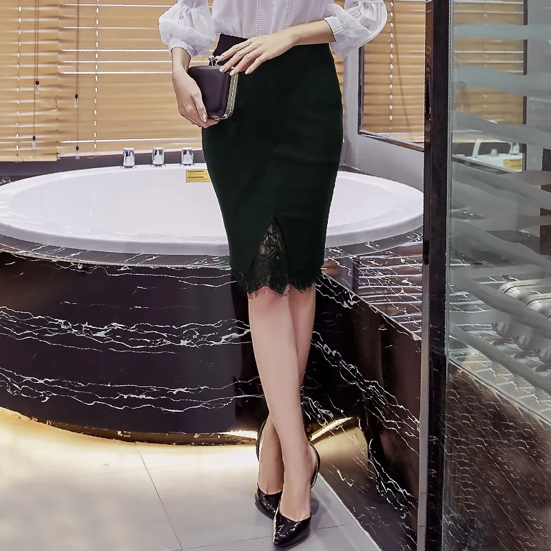 High Waist Lace Embroidery Open Slit Elegant Office Skirt | Uniqistic.com