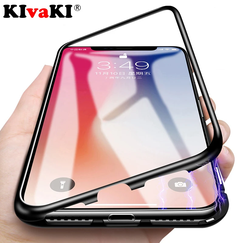 Metal Magnetic Phone Case for IPhone X XS Max XR Tempered Glass Built-in Magnet Glass Back Cover for iPhone 7 8 6 6s plus Cases