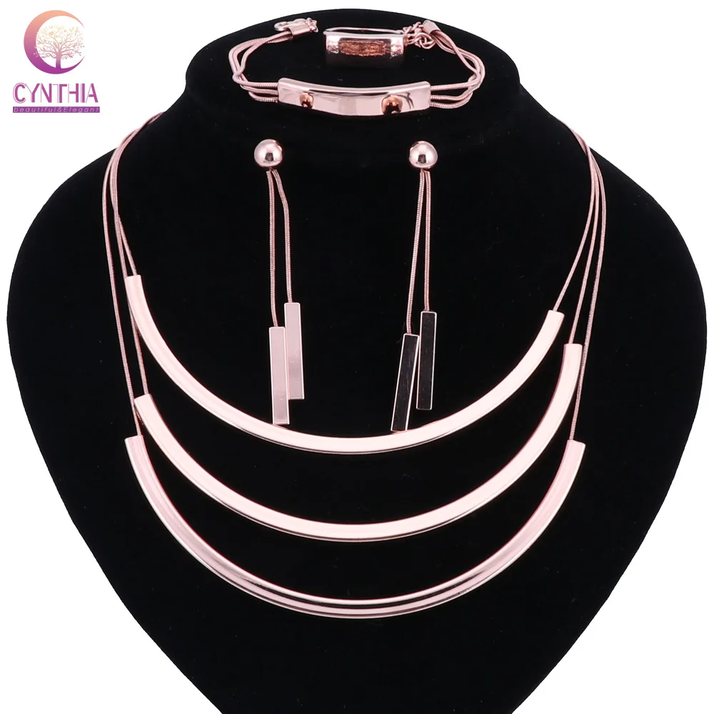 

Fashion Bridal Gift Nigerian Wedding African Beads Jewelry Set Fashion Dubai Rose Gold Color Necklace Earring Ring Jewelry Sets