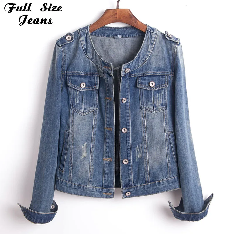 زائد حجم جولة طوق الجينز سترة 4XL 5XL الحلو النساء ضوء الأزرق منفذها قصيرة الدينيم الستر كم طويل Jaqueta عارضة معطف