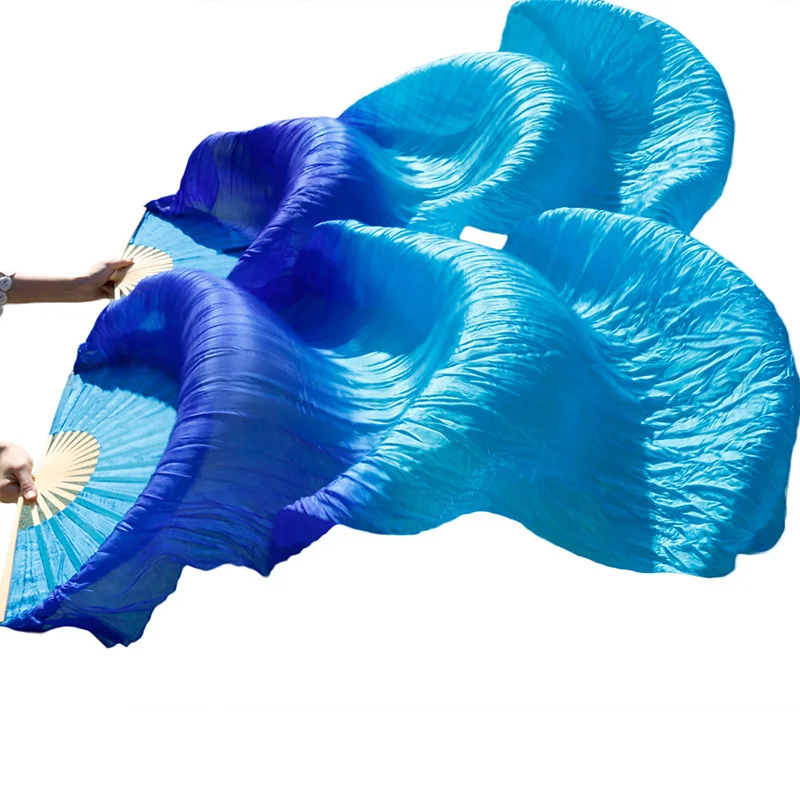 Stage Performance 100% Silk Belly Dance Fans Gradient Colour Dance Accessories Belly Dancing Silk Fans royal blue+turquoise