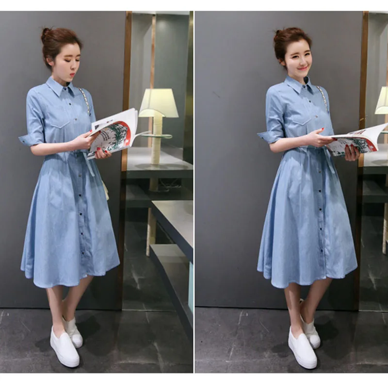  Women's clothing solid color half-sleeved belt slim denim shirt dress ladies fashion casual long section jeans dress (7)