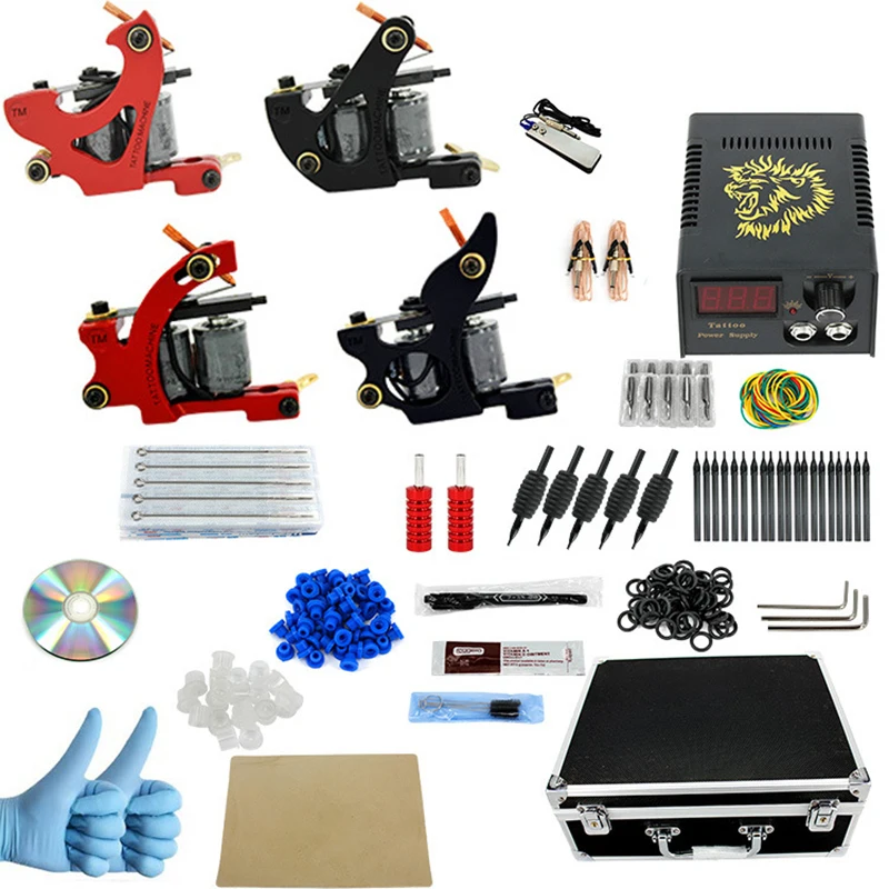 

Complete profession Tattoo kits 10 wrap coils 4 guns machine Tattoo needles set power supply disposable needle with Toolbox