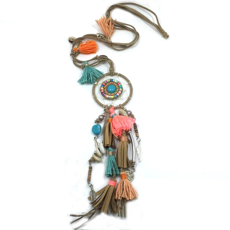 2017 New Bohemian jewelry Dream catcher pendant necklace caki tassel