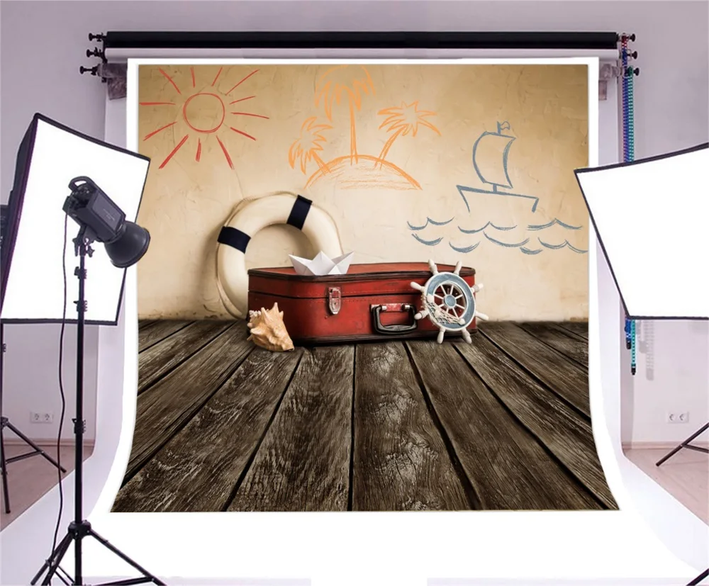 Laeacco Sea Paint Luggage Grey Wooden Floor Baby Children Scene Photography Backgrounds Photographic Backdrops For Photo Studtio