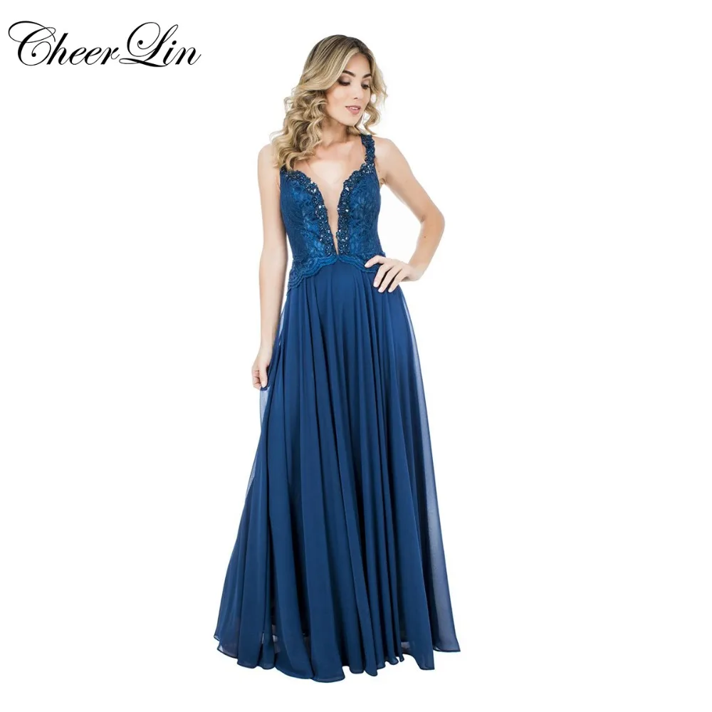 Cheerlin Глубокий V Шеи Пром Платья vestido де феста Шифон кружева аппликация
