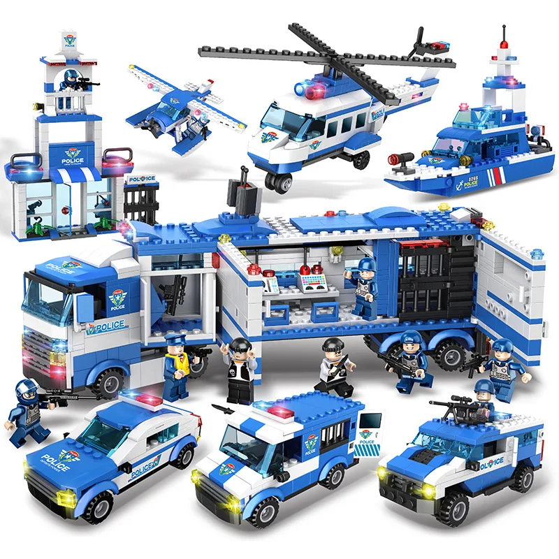 

Hot City Police Series 8 in 1 Vehicle Car Truck Helicopter Police Staction Building Blocks DIY Bricks Compatible