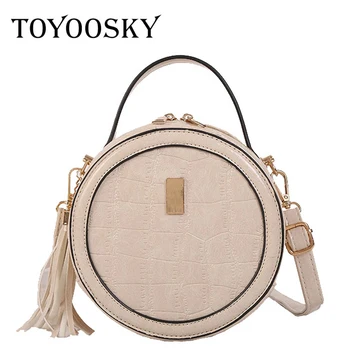 

TOYOOSKY Women Mini Circle Handbag Crocodile Pattern Round Crossbody Bag Female Tassel Famous Brand Shoulder Bag Clutches