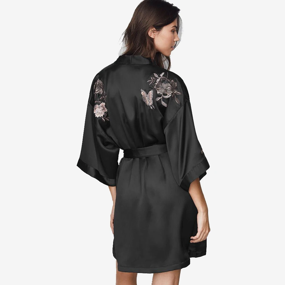 

High Quality Black Print Brides Wedding Robe Gown Sexy 2018 New Brand Women's Satin Sleepwear Nightgown Kimono M L XL D129-03
