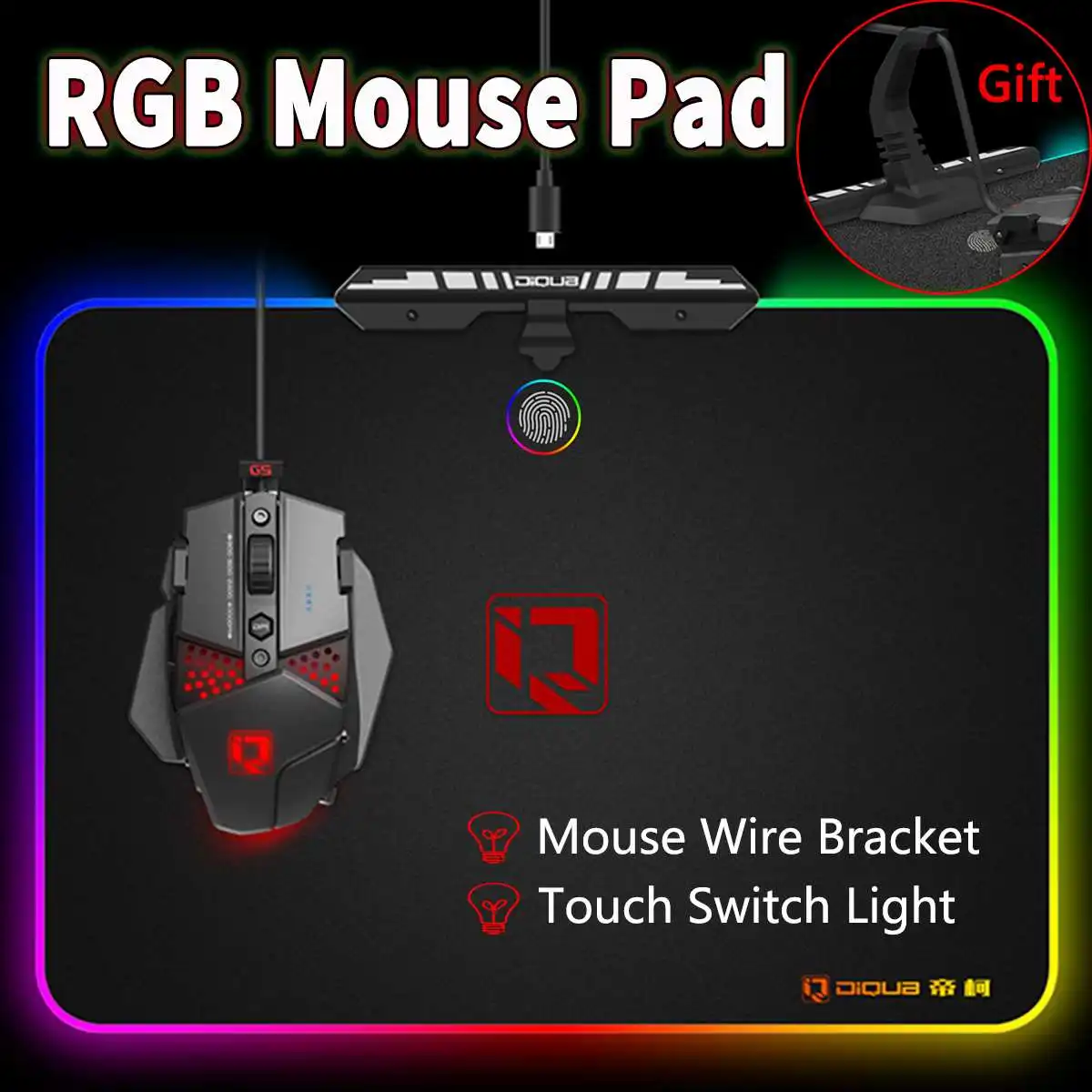 

Hard RGB Mouse Pad Colorful LED Gaming Mice Mat Pad Touchs Control with Mouse Wire Bracket USB Cable for Laptop Computer