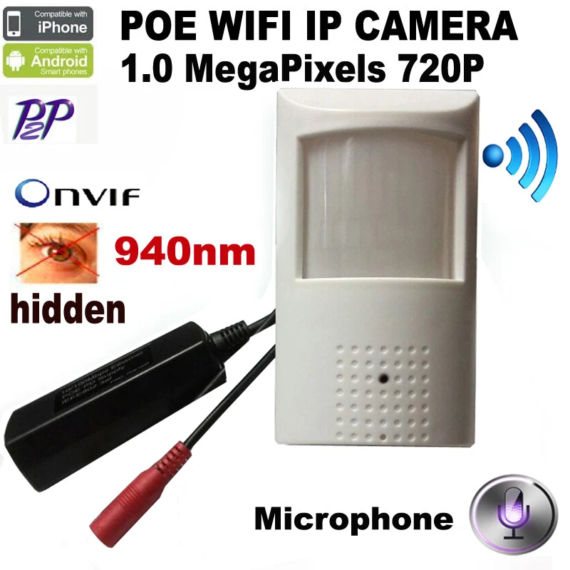 

HQCAM Wireless IR CUT 720P POE PIR Style Motion Detector WIFI Camera ONVIF 940nm IR CUT Night Vision P2P Mini WIFI POE IP Camera