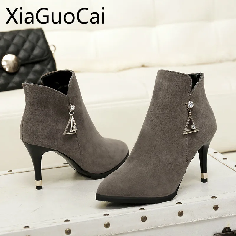 Botas poco profundas Martin para mujer, botines de ante femeninos de tacón de aguja con diamantes, botines de mujer